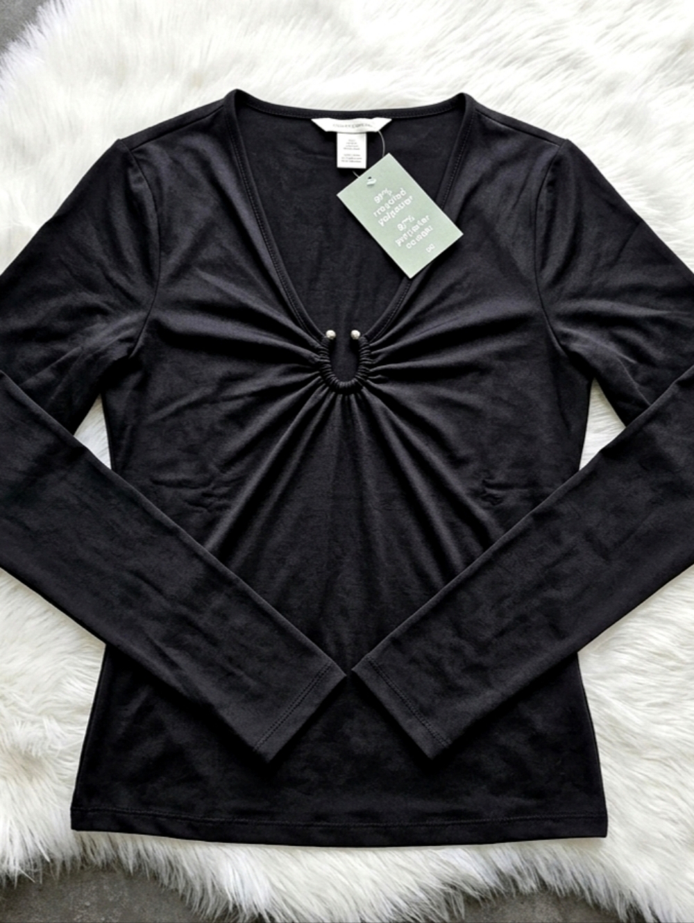 H&M Black V-Neck Top with Gathered Ring Detail